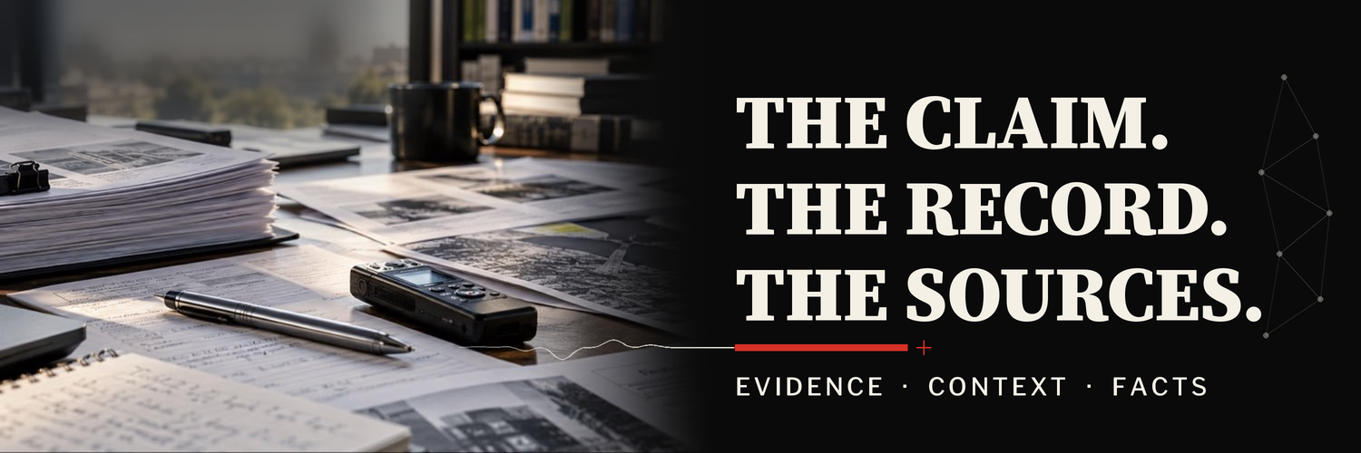 A desk with papers, a pen and a recorder beside the words “The claim. The record. The sources.” and “Evidence · context · facts.”