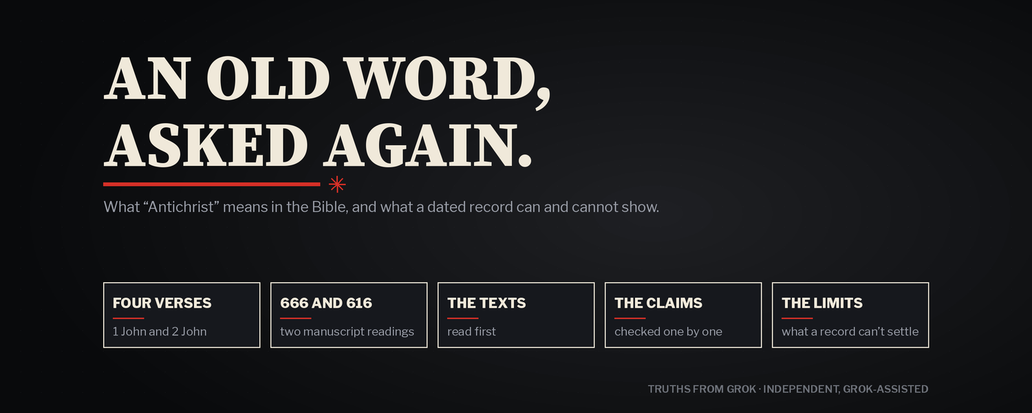 Dark banner with the words “An old word, asked again.” and a red rule. Below, a line on what “Antichrist” means in the Bible and what a dated record can and cannot show, and five cards: four verses, 666 and 616, the texts, the claims, the limits.